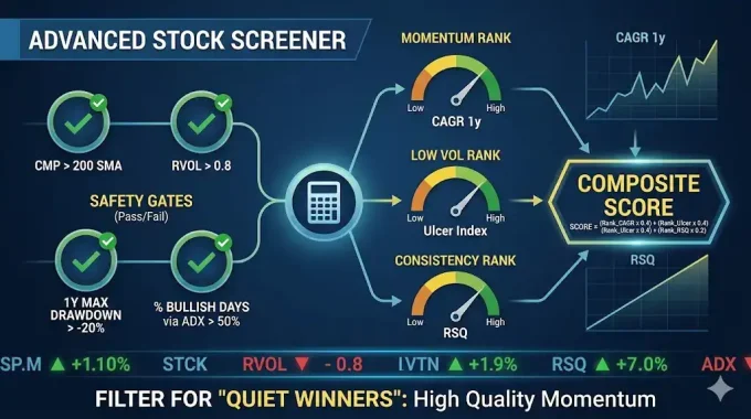 Infographic generated by Gemini to represent the Freefincal low volatility plus momentum stock screener