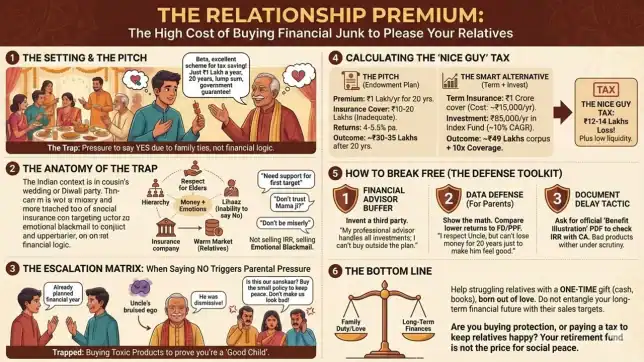 Infographic representing "The Relationship Premium: The High Cost of Buying Financial Junk to Please Your Relatives"