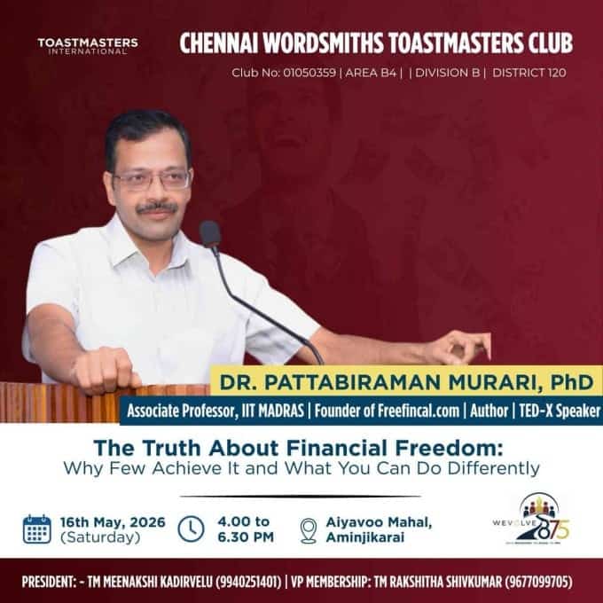 Poster for M Pattabiraman's Keynote address at the Chennai Wordsmiths Toastmasters Club