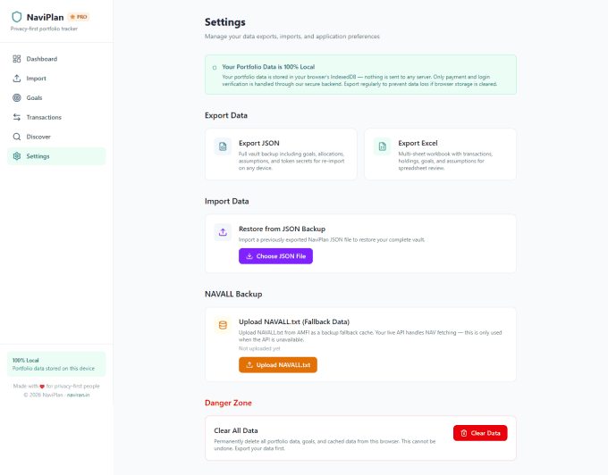 NaviPlan Setting Page