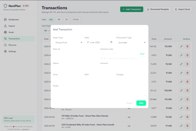NaviPlan adding transactions