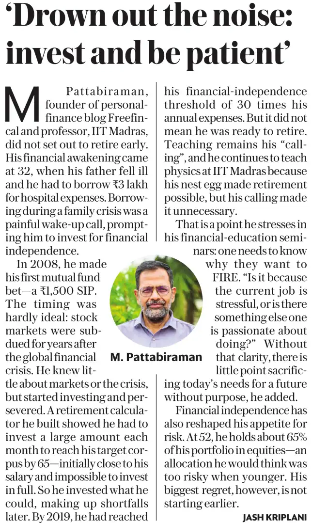 Mint Article on M Pattabiraman's financial independence journey Aug 14th 2026